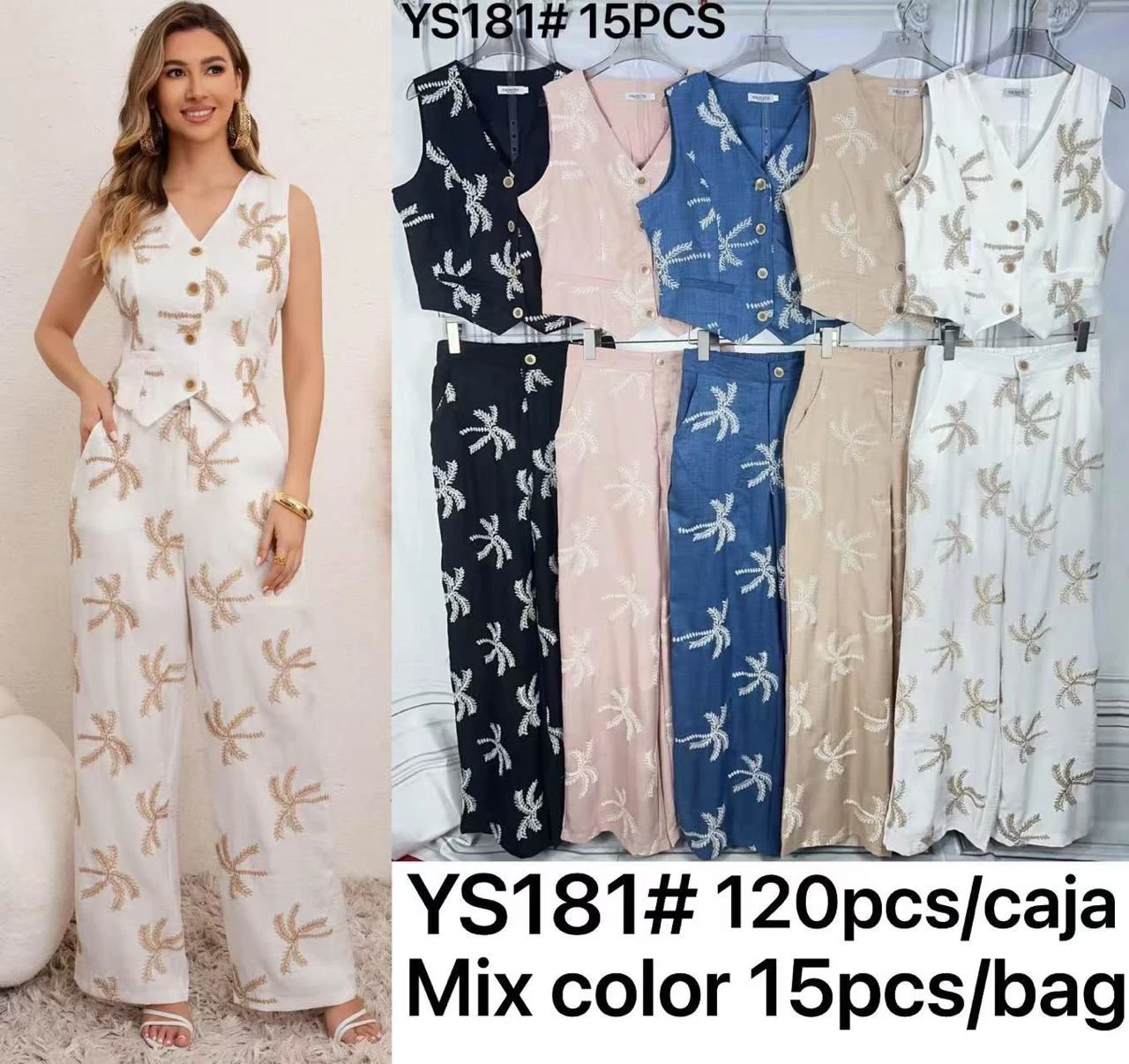 Conjunto de Chaleco sin Mangas y Pantalones con Estampado de Palmeras-YS181