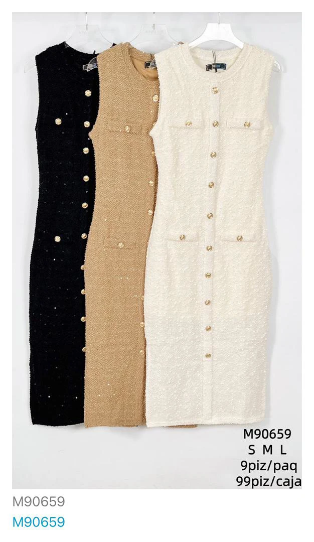 Vestido entallado tipo tweed sin mangas con botones-M90659