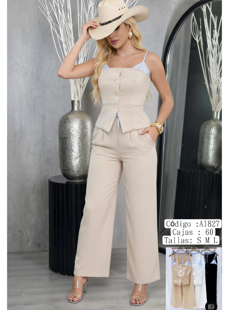 Conjunto de top con tirantes y pantalón-A1827