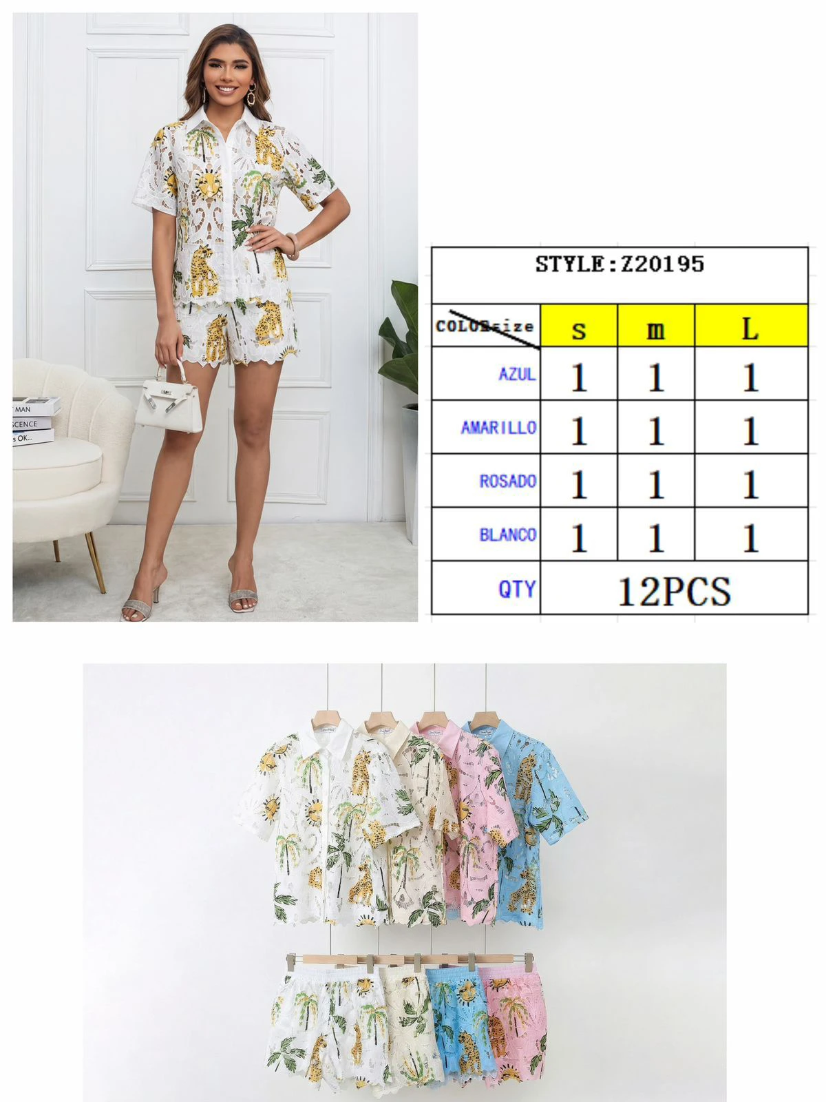 Conjunto de camisa y short con estampado tropical-Z20195