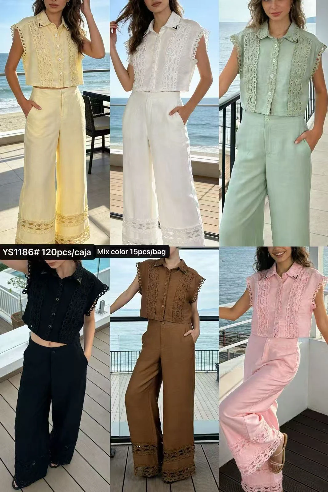 Conjunto de Blusa Corta sin Mangas y Pantalón Ancho con Encaje-YS1186