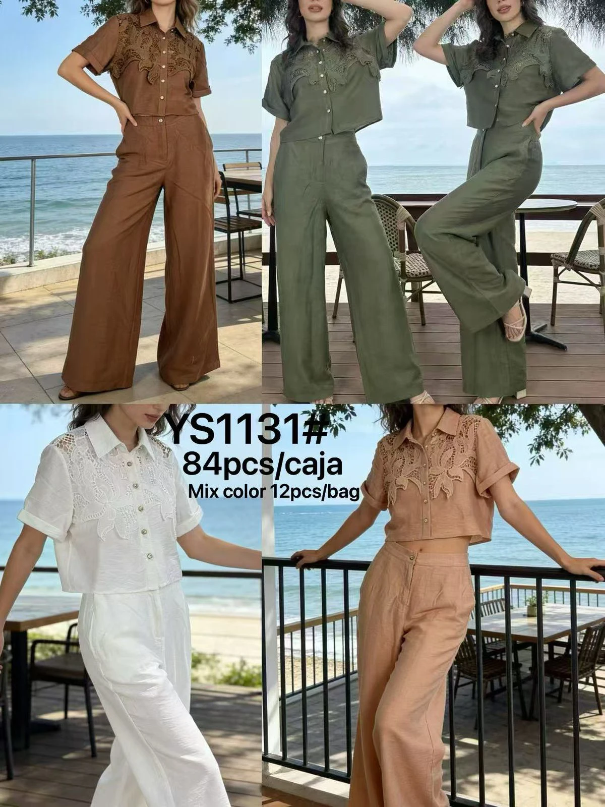 Conjunto de blusa de manga corta con botones y pantalón de pierna ancha-YS1131
