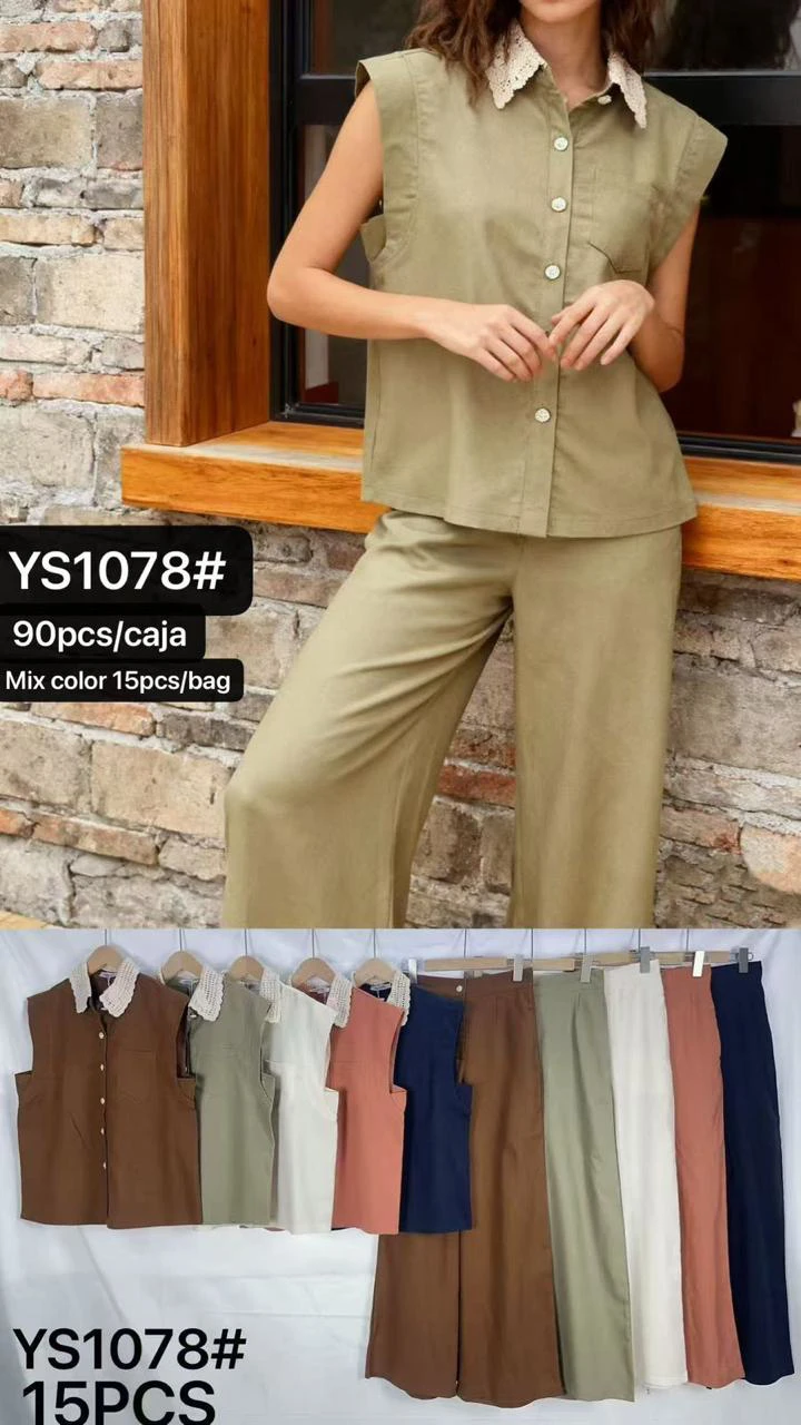 Conjunto de blusa sin mangas con cuello de encaje y pantalón-YS1078