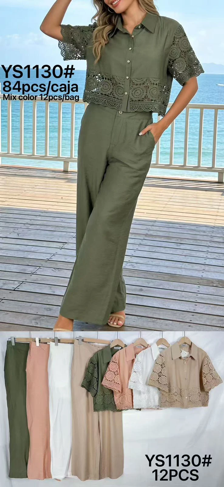 Conjunto de camisa corta con encaje y pantalón palazzo-YS1130