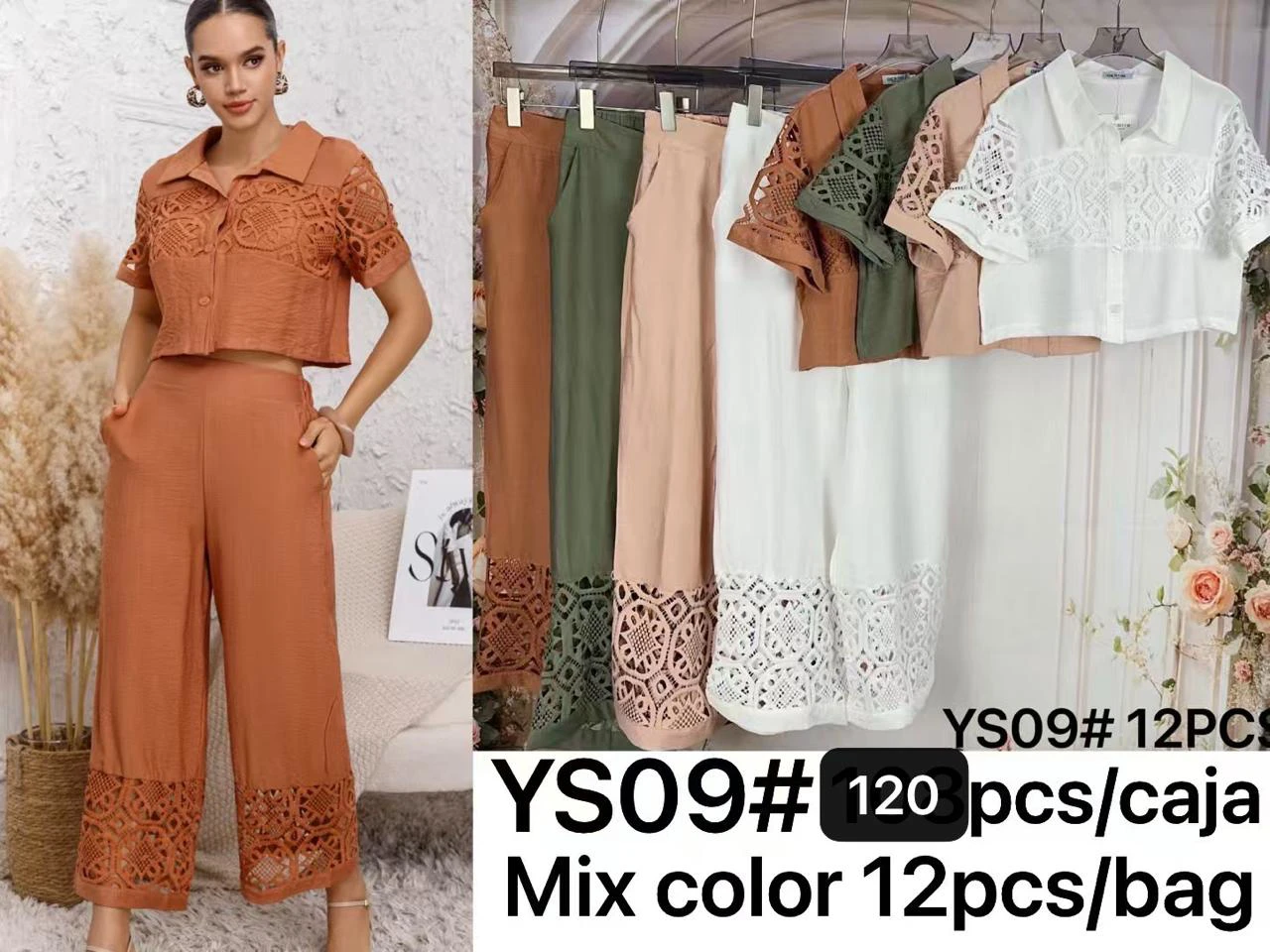 Conjunto de camisa crop y pantalón ancho con encaje-YS09