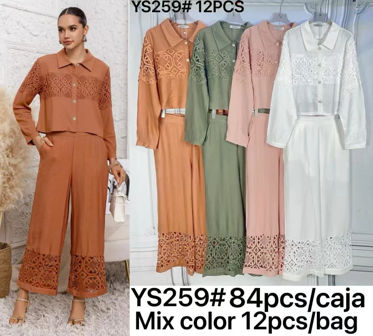 Conjunto de camisa cropped con botones y pantalón palazzo con detalle de encaje-YS259