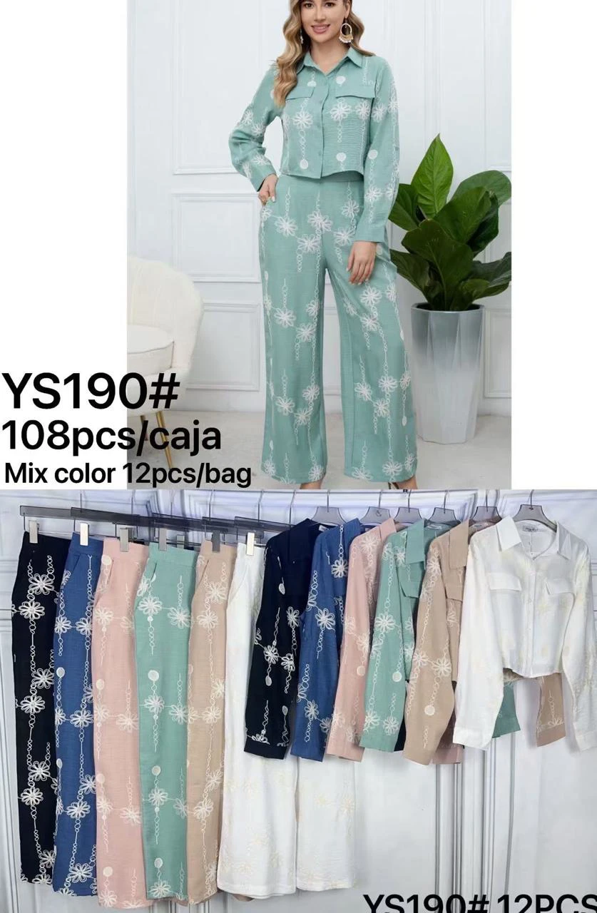 Conjunto de camisa cropped y pantalón palazzo bordado-YS190