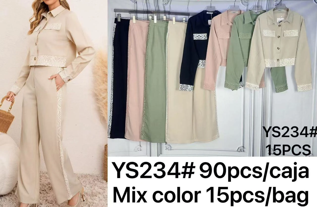 Conjunto de camisa y pantalón con detalles de encaje-YS234