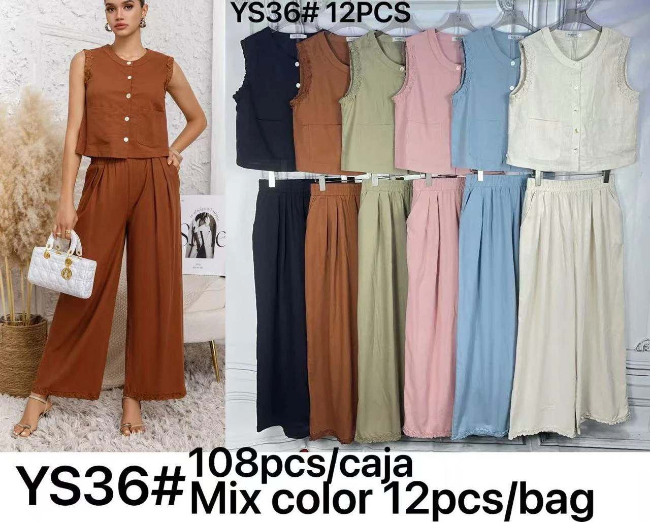 Conjunto de top sin mangas y pantalón de pierna ancha-YS36