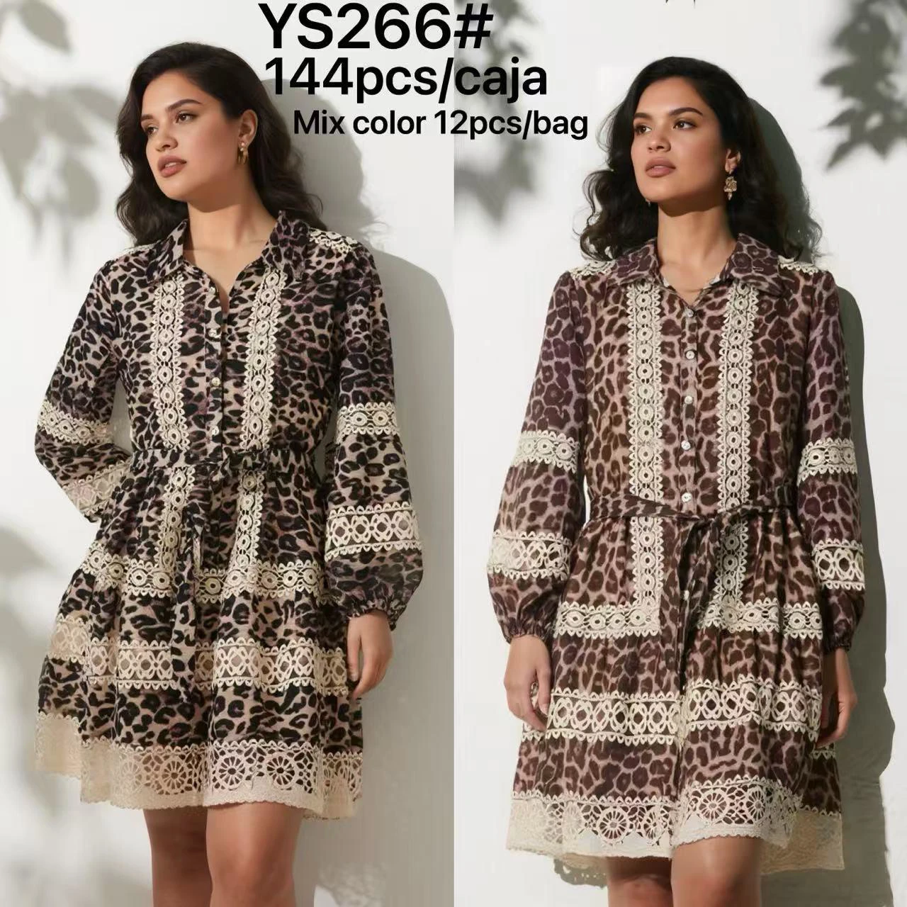 Vestido camisero de manga larga con estampado de leopardo y encaje-YS266