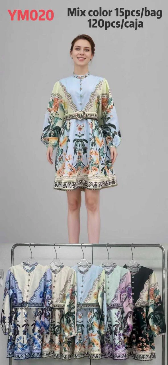 Vestido corto de manga larga estampado con cuello alto-YM020