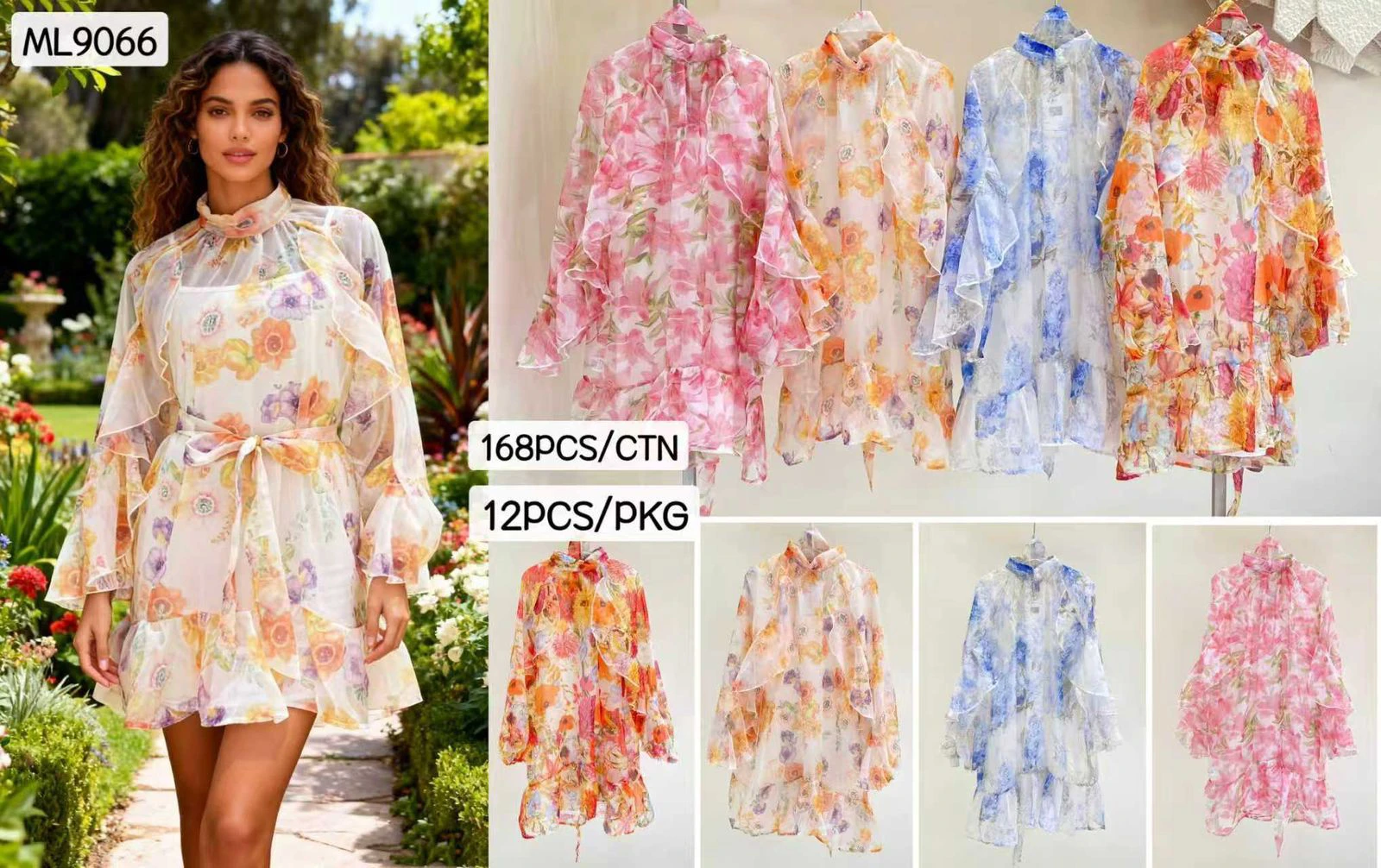 Vestido de Chifón Floral con Cuello Alto y Volantes-ML9066