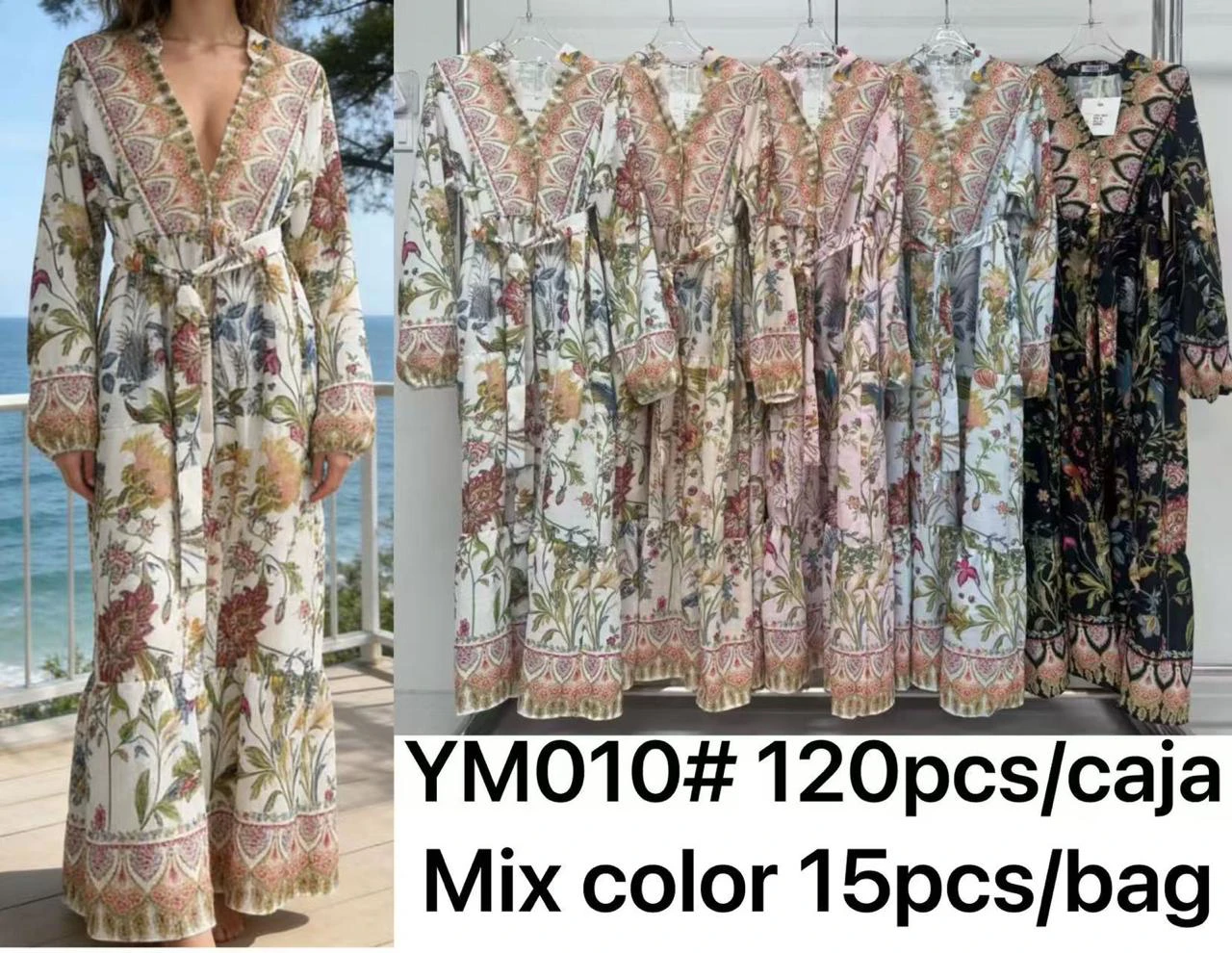 Vestido largo floral con cuello V y cordón-YM010