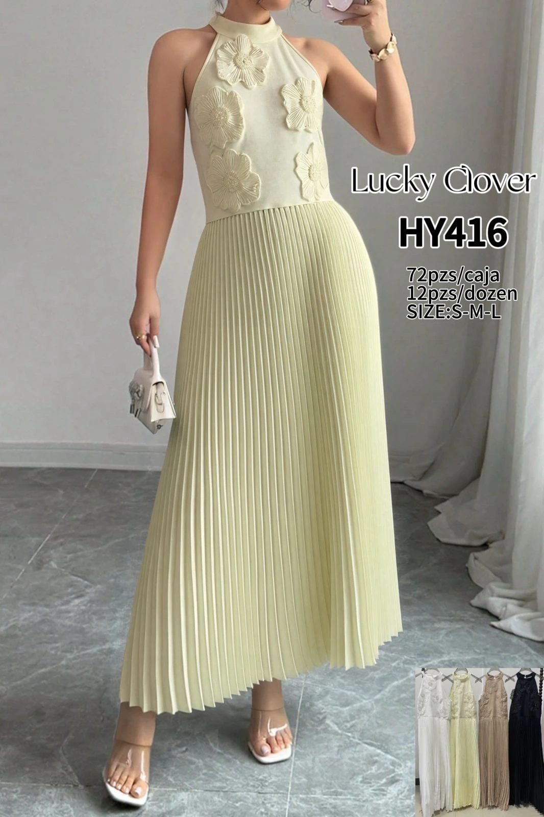 Vestido largo plisado con cuello halter y flores en relieve-HY416