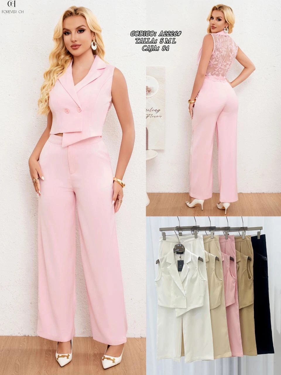 Conjunto de crop top tipo blazer sin mangas y pantalón palazzo-A2226