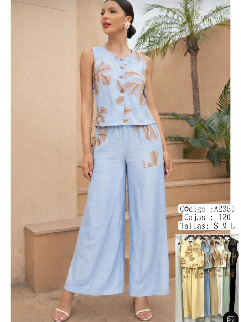 Conjunto de top sin mangas y pantalón acampanado estampado-A2351