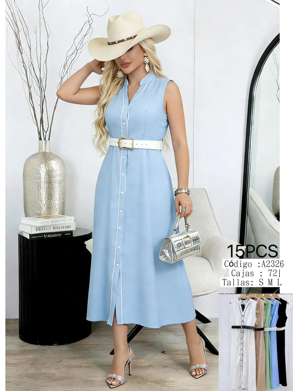 Vestido camisero abotonado sin mangas-A2326