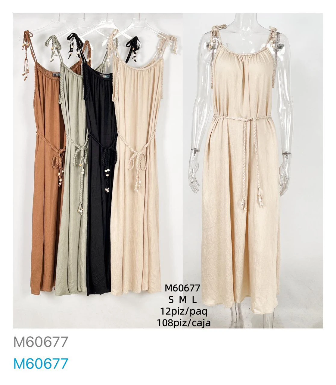 Vestido maxi con tirantes ajustables y cinturón trenzado-M60677