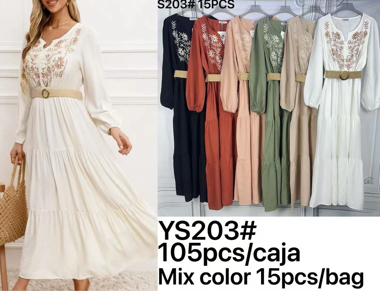 Vestido largo bordado con cinturón-YS203