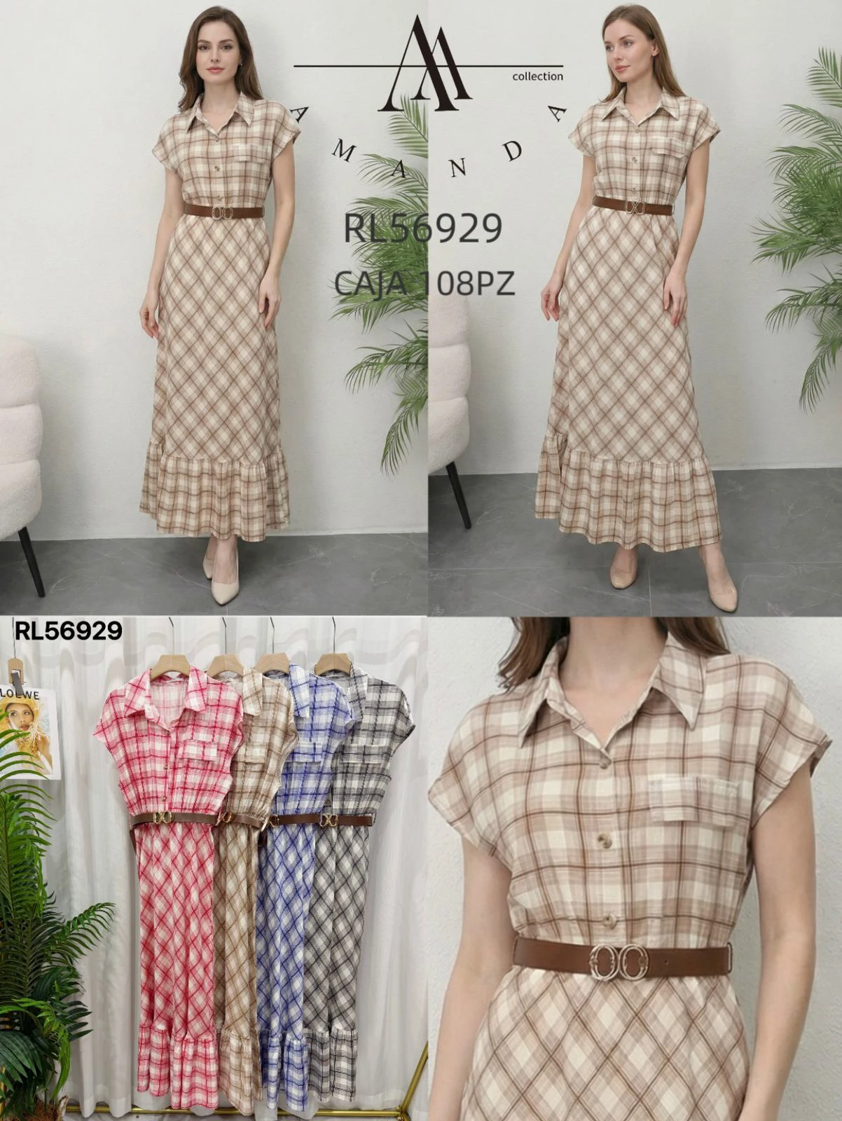 Vestido largo a cuadros con cuello y cinturón-RL56929