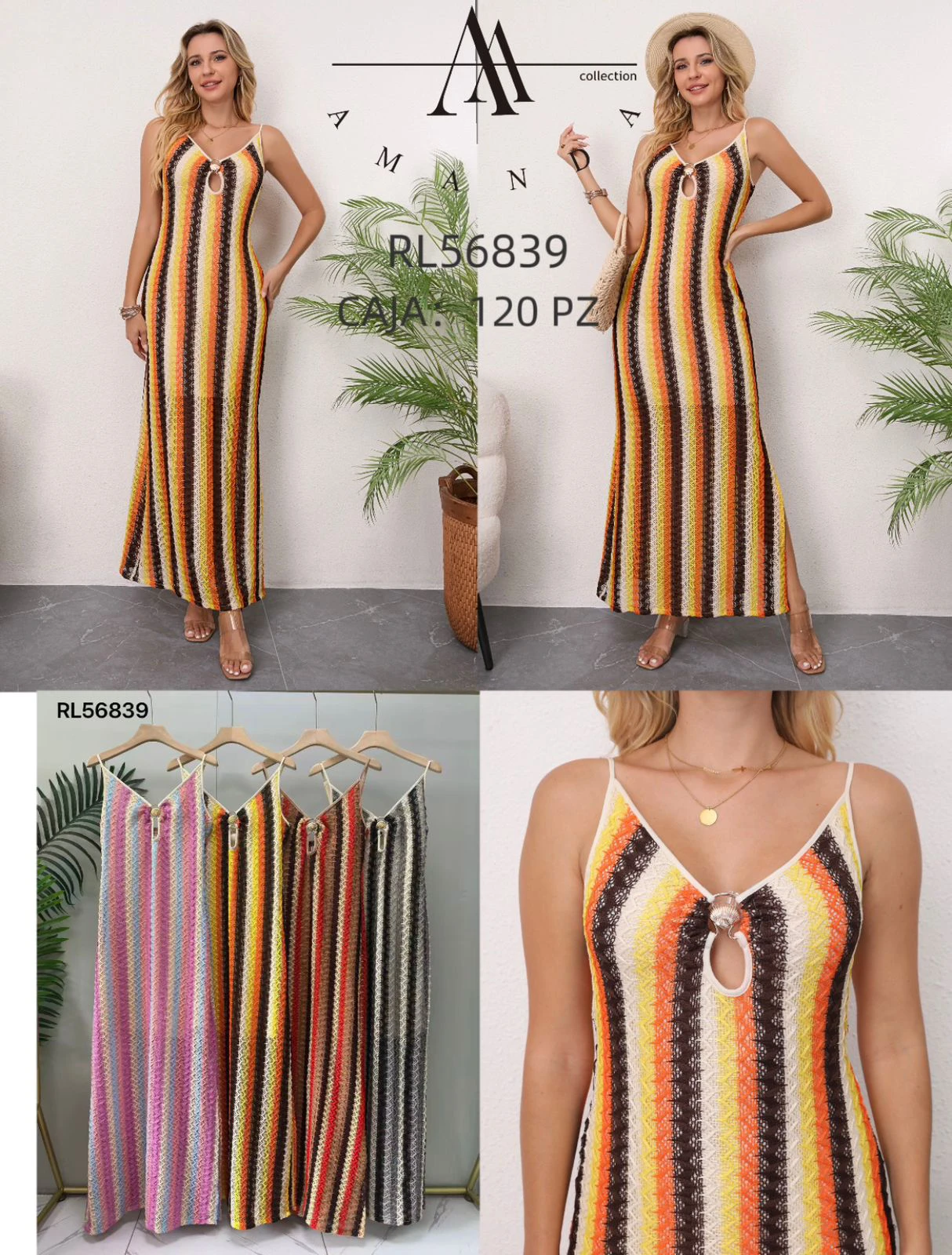Vestido Largo de Punto a Rayas con Abertura-RL56839