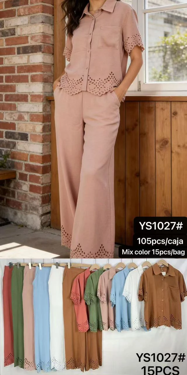 Conjunto de camisa y pantalón con detalle calado-YS1027