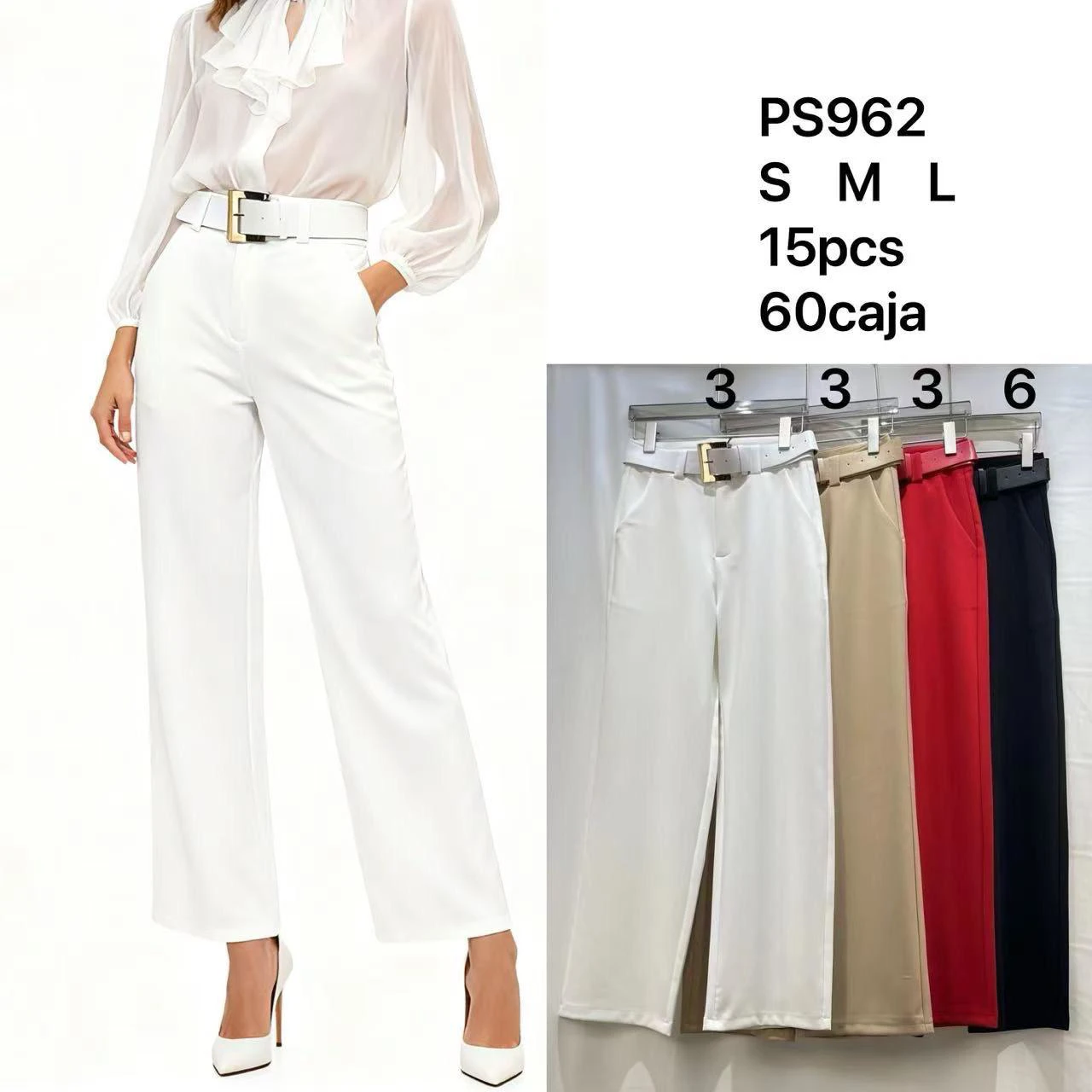 Pantalones de vestir de pierna ancha con cinturón-PS962