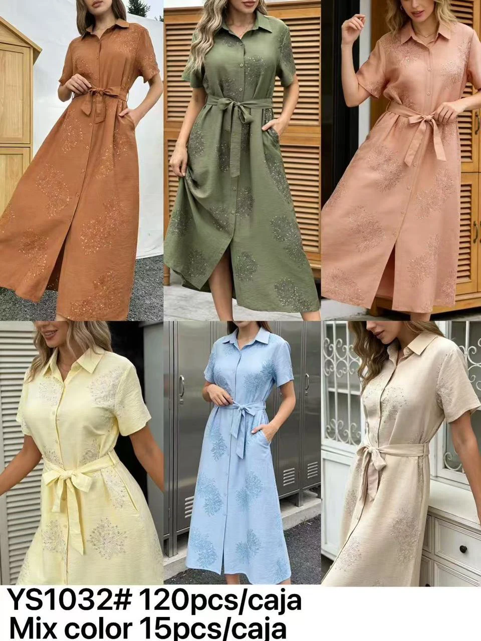 Vestido camisero de manga corta con cinturón y estampado-YS1032