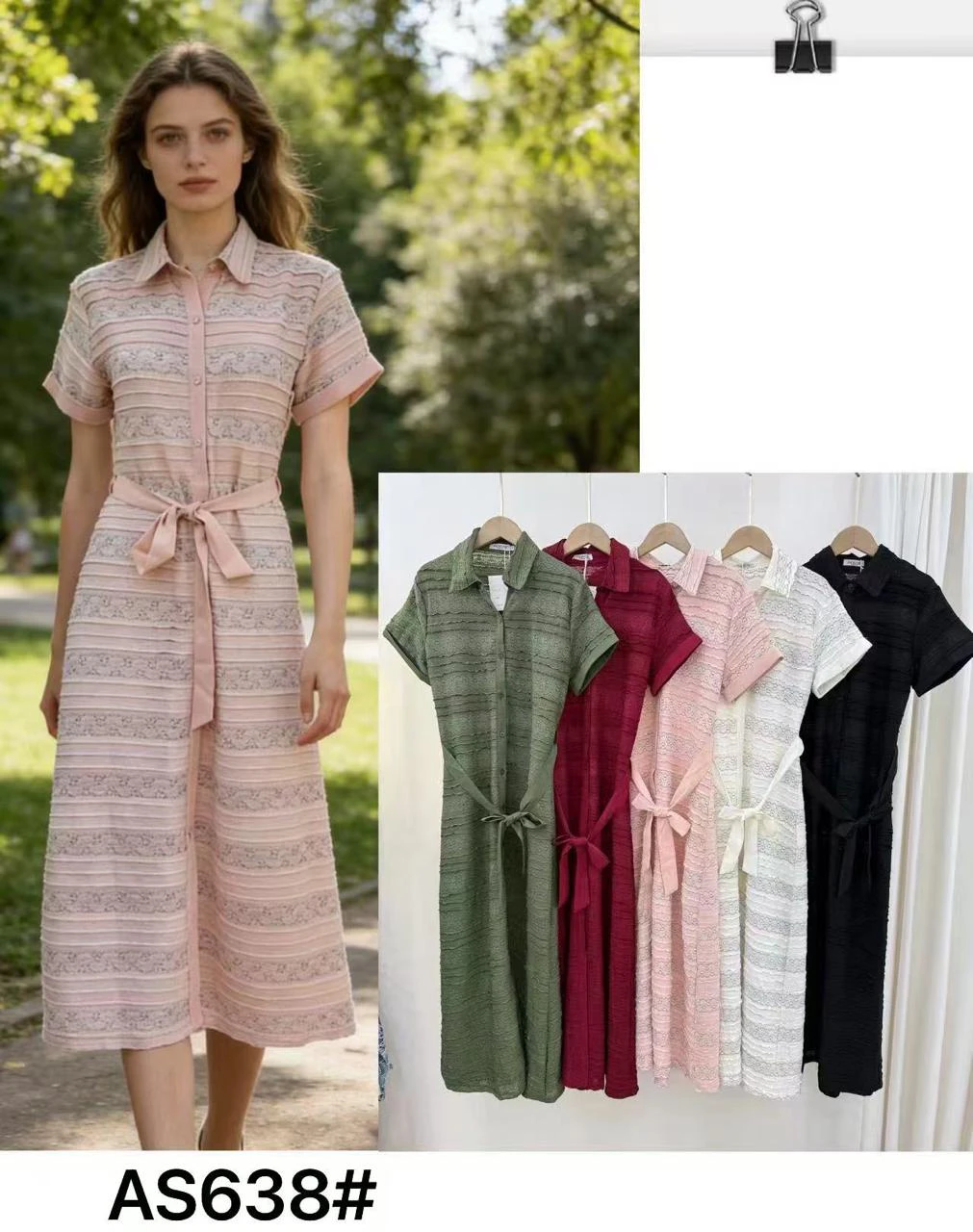 Vestido camisero de manga corta con cinturón-AS638