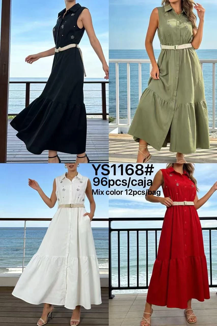 Vestido largo camisero con botones y cinturón-YS1168