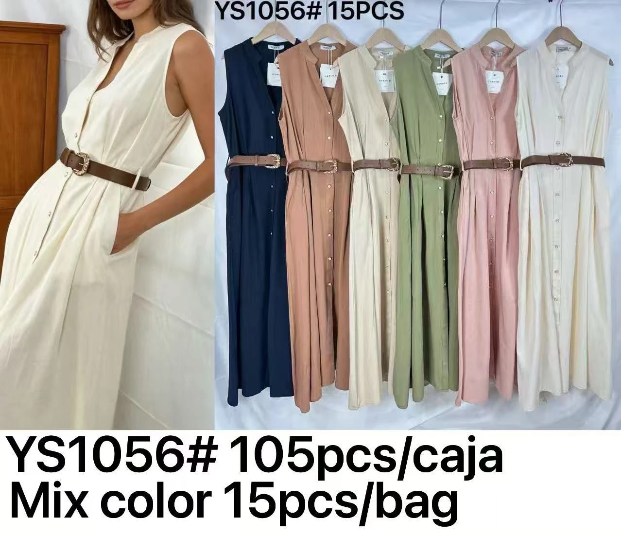 Vestido largo camisero con cinturón-YS1056