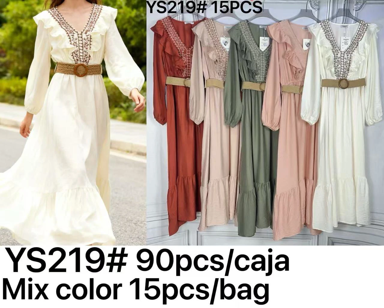 Vestido largo con cuello en V y detalles bordados-YS219