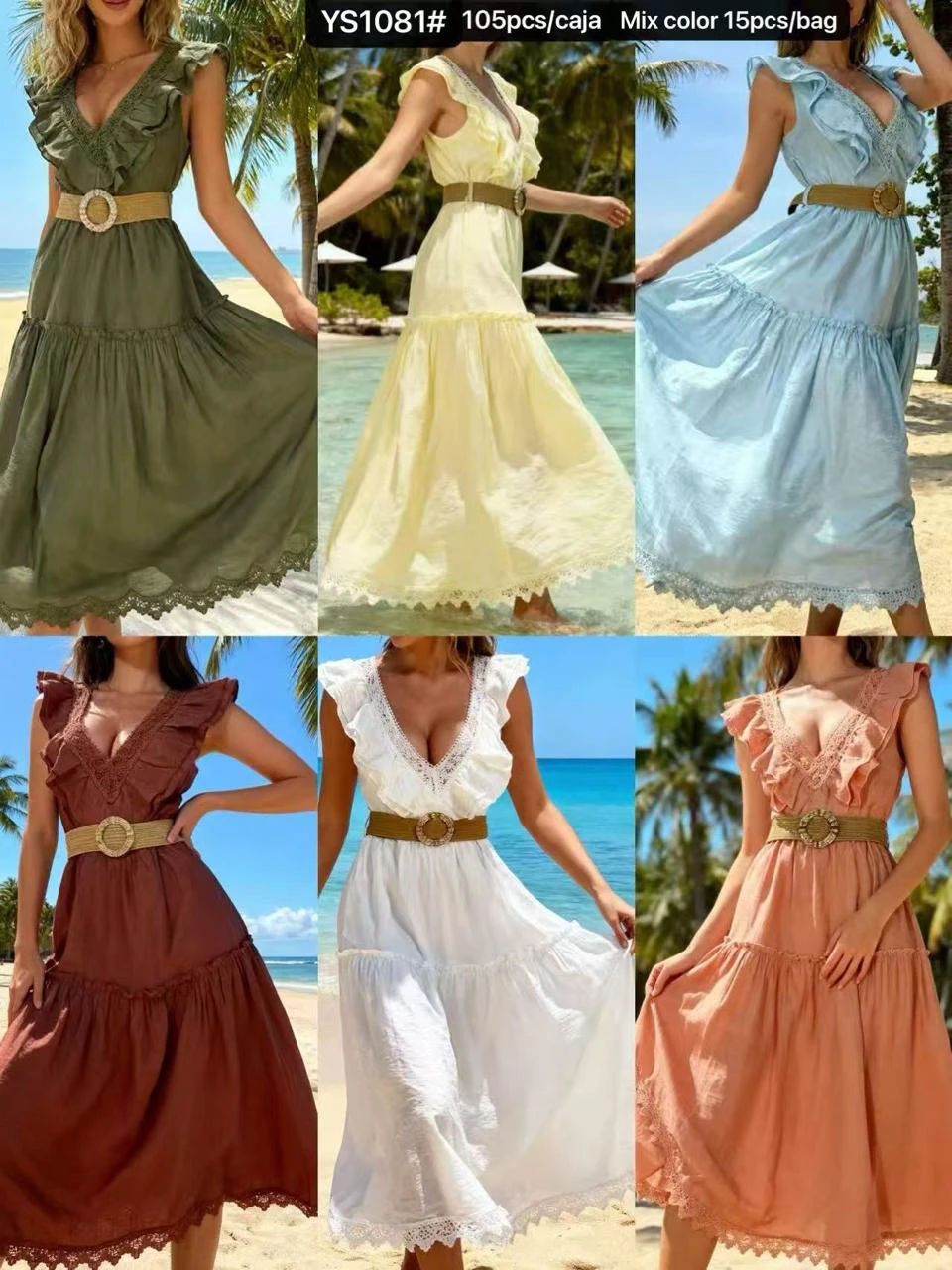 Vestido largo con volantes y cinturón-YS1081