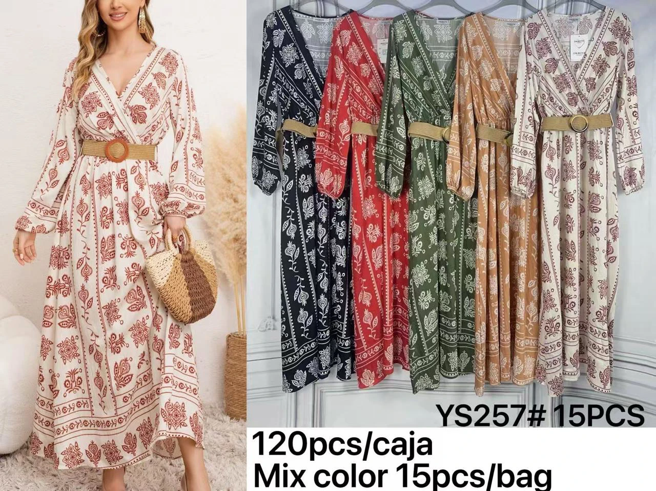 Vestido largo estampado con cinturón de rafia-YS257