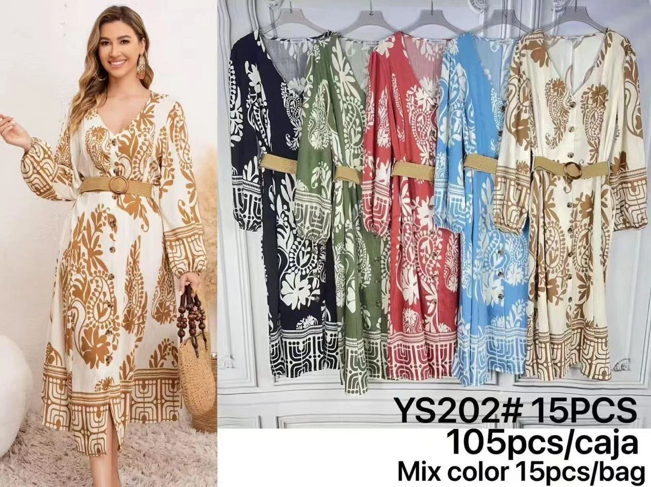 Vestido largo estampado con cinturón-YS202