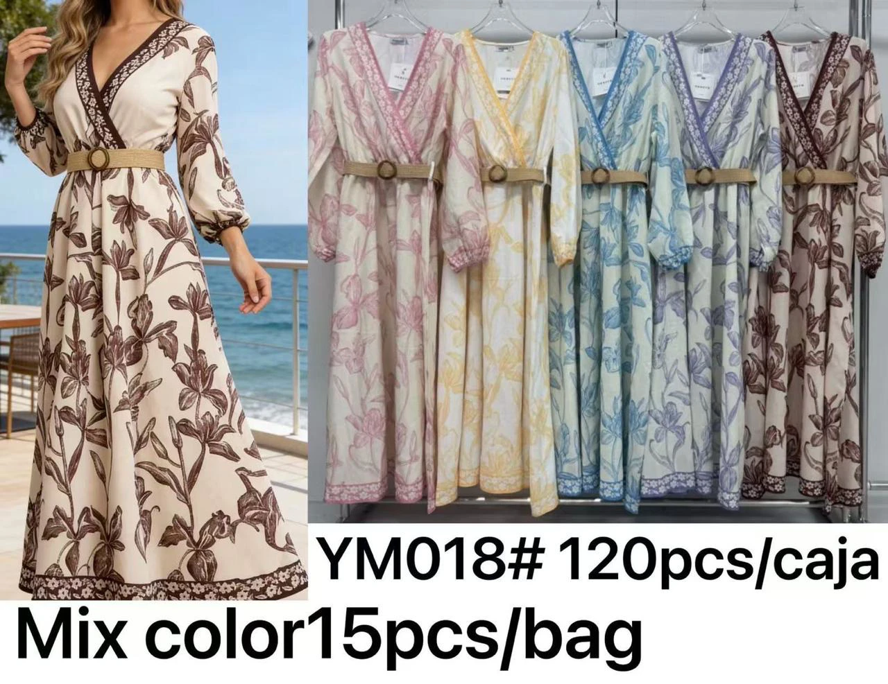Vestido largo floral con cinturón-YM018
