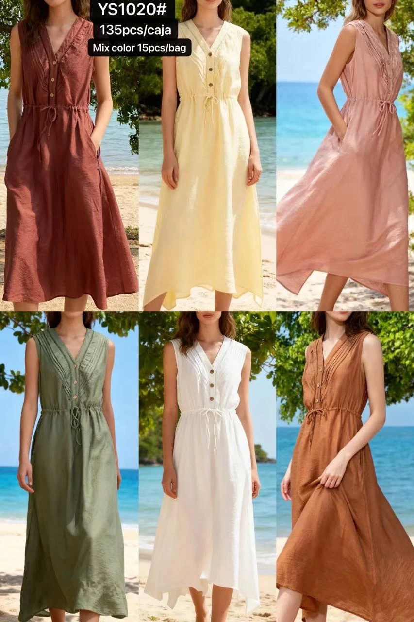 Vestido largo sin mangas con botones y cordón en la cintura-YS1020