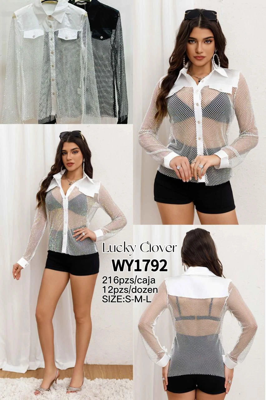 Camisa de malla transparente con brillos-WY1792