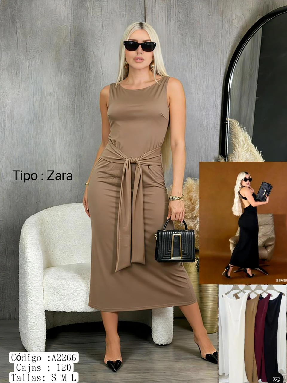 Vestido casual de tirantes con lazo en cintura-A2266