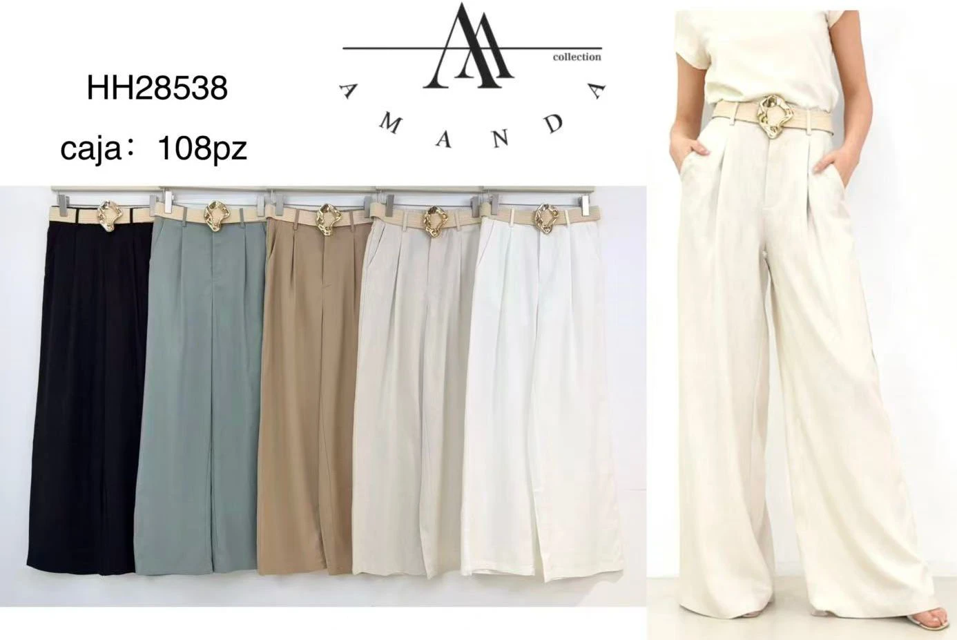 Pantalones de vestir acampanados con cinturón-HH28538