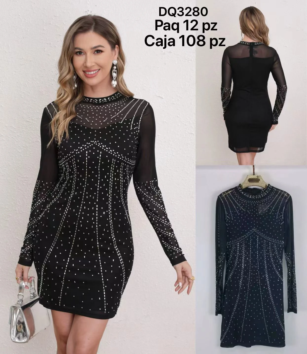 Vestido de cuello alto con pedrería y manga larga-DQ3280