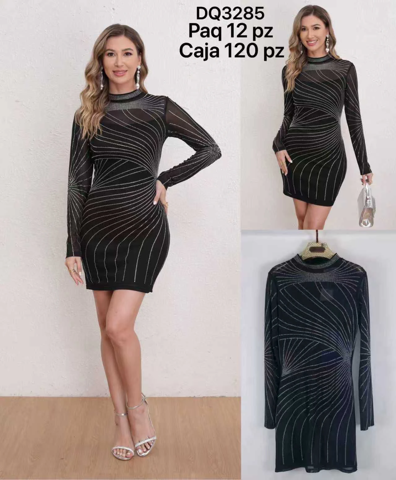 Vestido de manga larga con cuello alto y pedrería-DQ3285