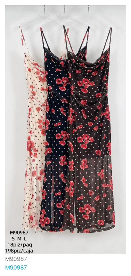 Vestido de tirantes con estampado de flores y lunares-M90987