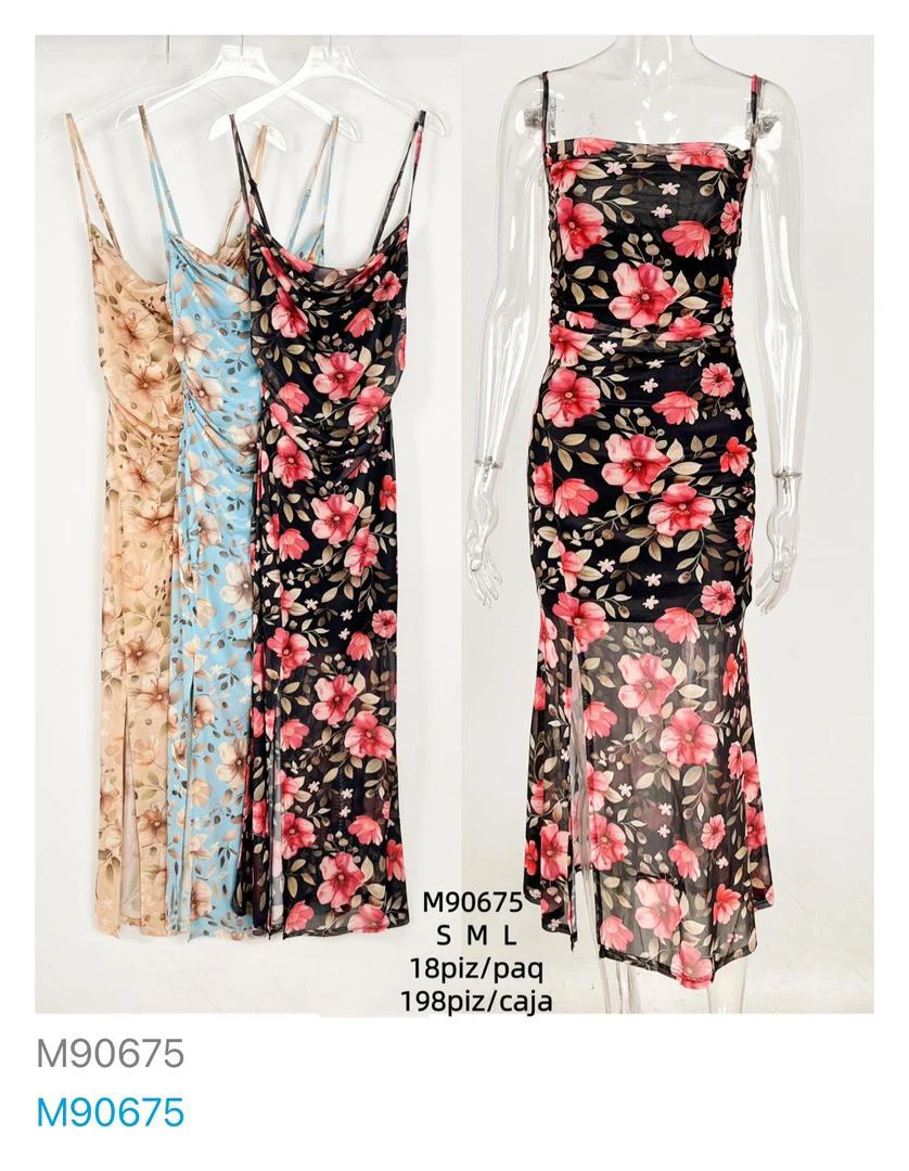 Vestido largo floral con tirantes y abertura-M90675