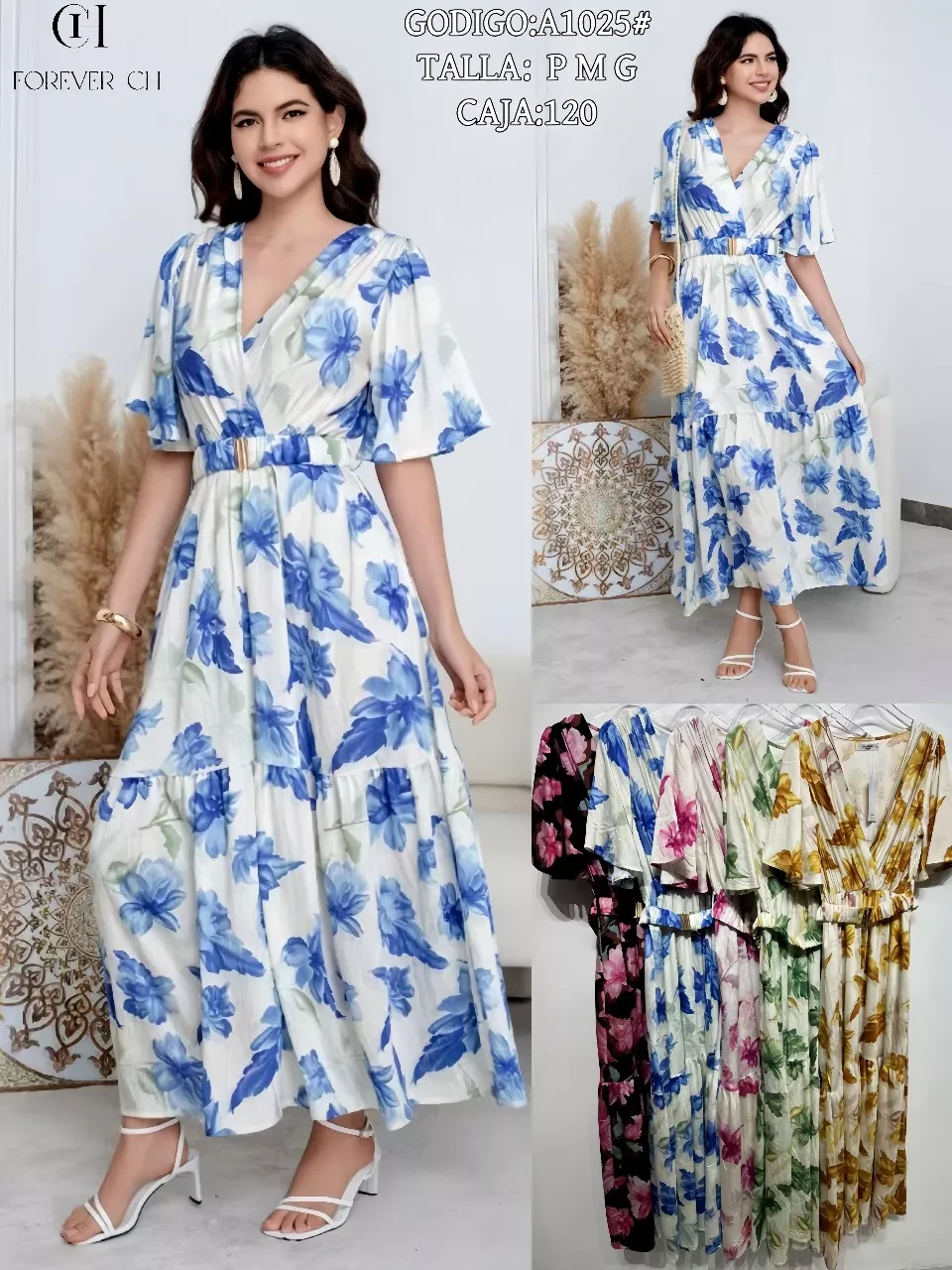 Vestido floral maxi con cinturón-A1025
