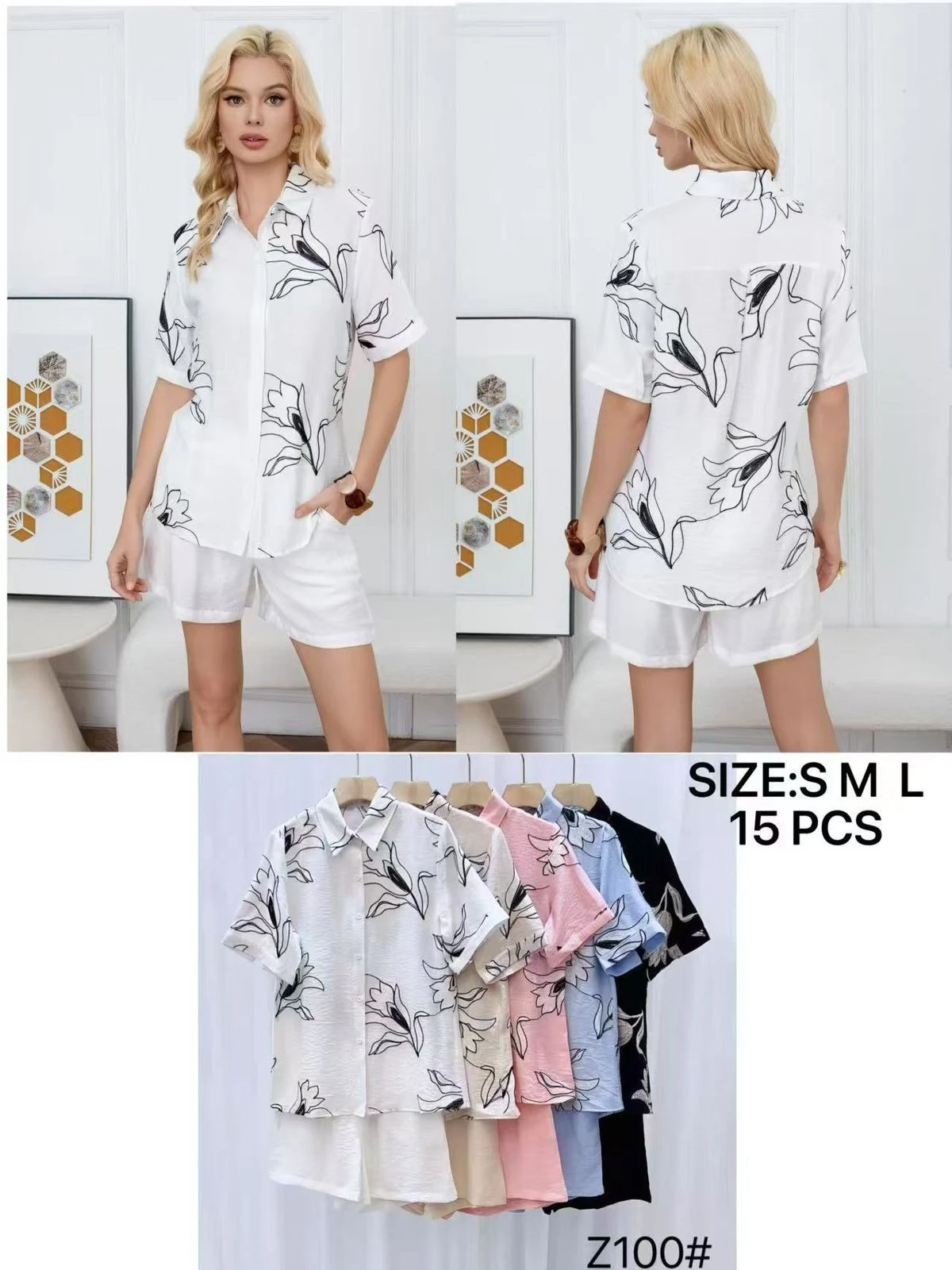 Conjunto de camisa de manga corta y shorts con estampado floral-Z100
