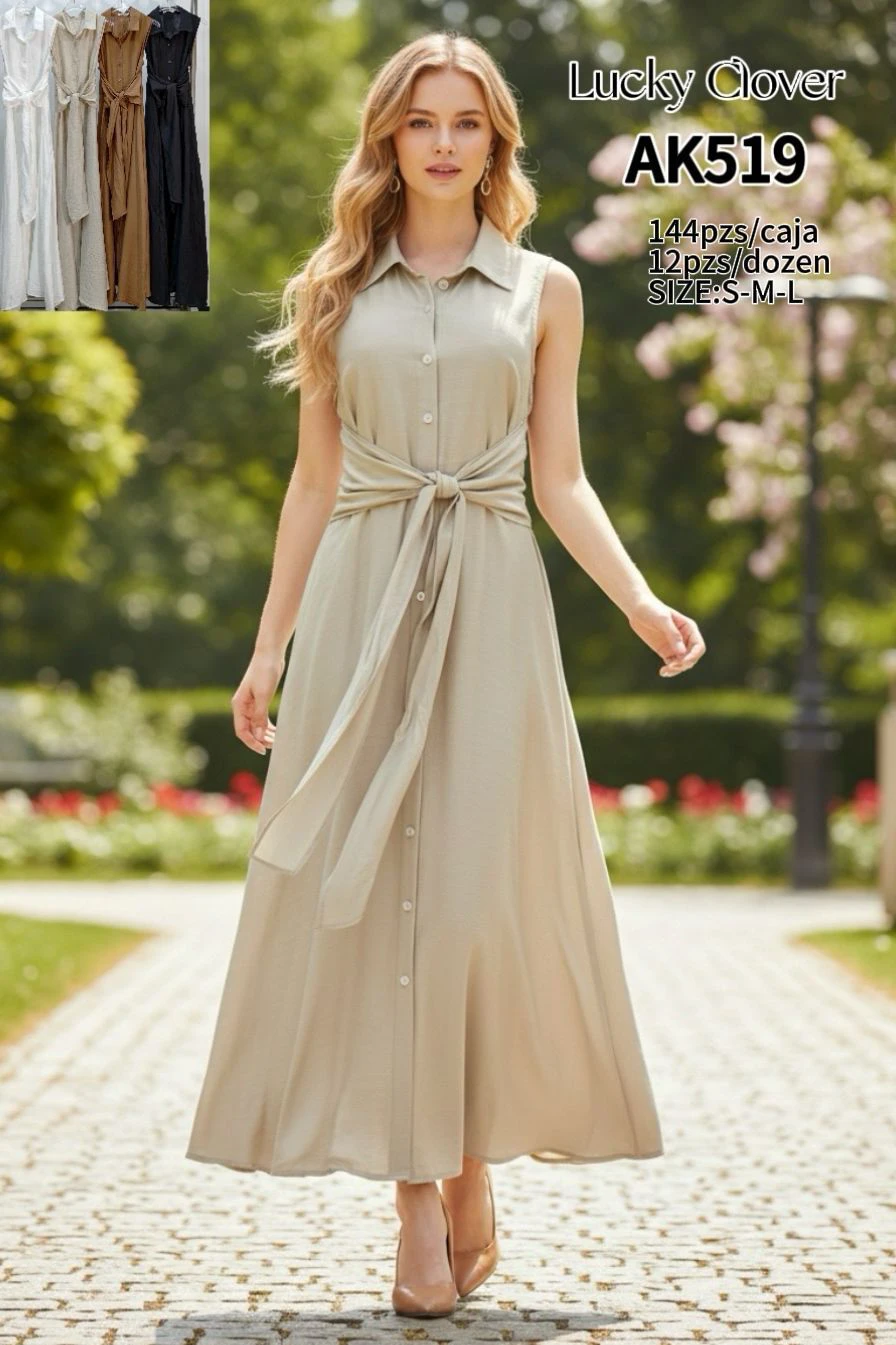 Vestido camisero largo sin mangas con cinturón-AK519