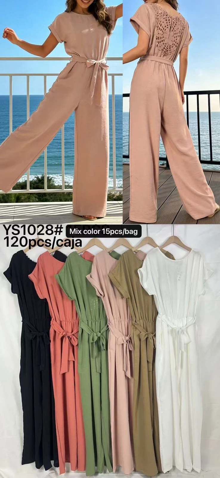 Jumpsuit de manga corta con cinturón y detalle de encaje en la espalda-YS1028