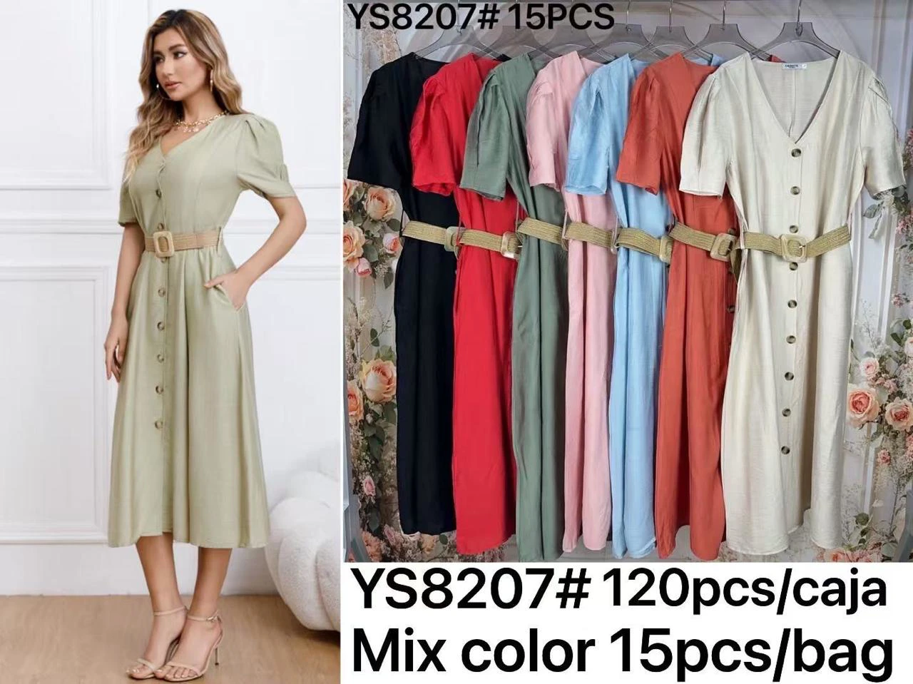 Vestido camisero de manga corta con cuello en V y cinturón-YS8207