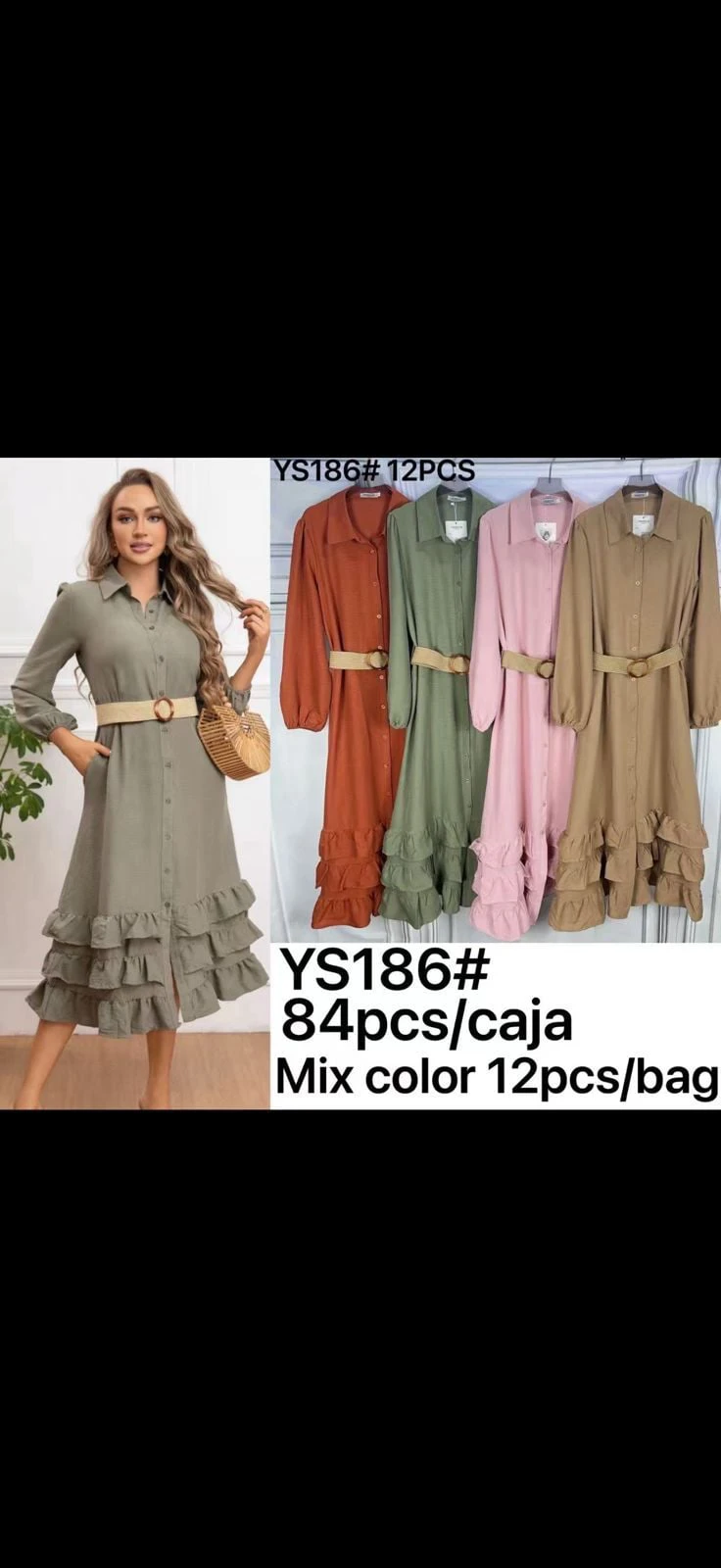 Vestido camisero de manga larga con olanes y cinturón-YS186